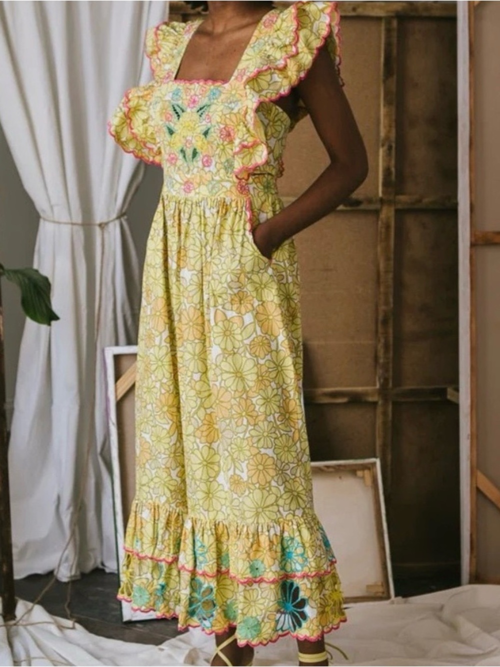 CeliaB Yellow Floral Maxi Dress with Pink Trim and Embroidered Hem